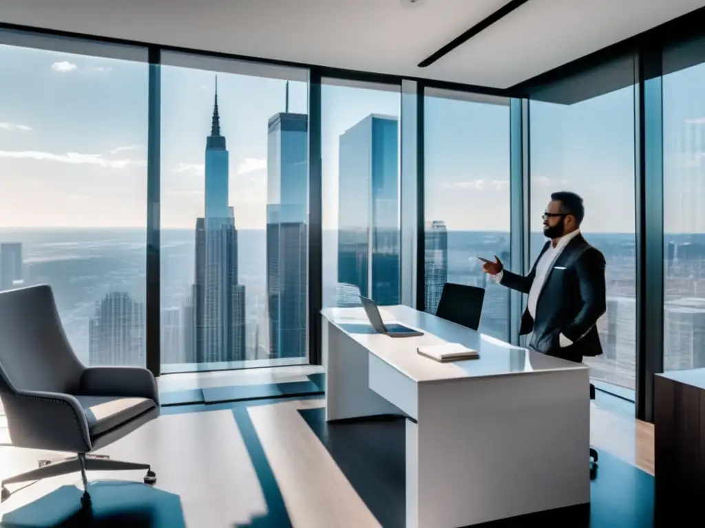 Oficina moderna con asesor inmobiliario Asesores inmobiliarios para inversiones exitosas en moderna oficina con vista a la ciudad