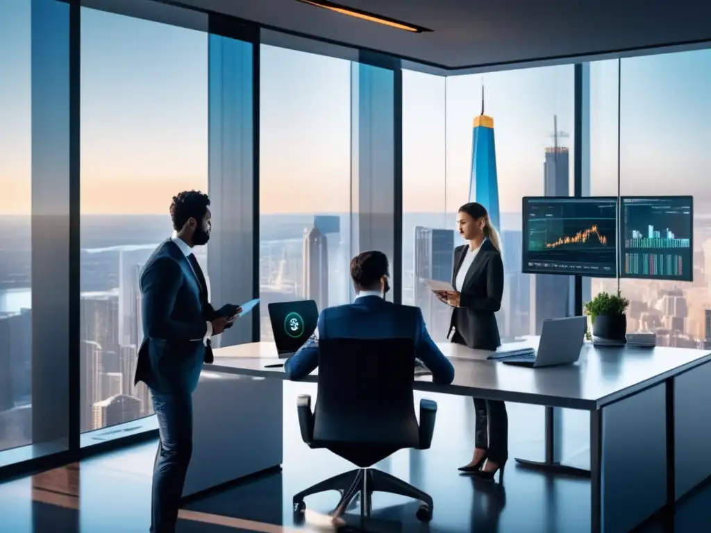 Oficina moderna con profesionales discutiendo Asesoría legal para inversiones cripto en oficina moderna y elegante