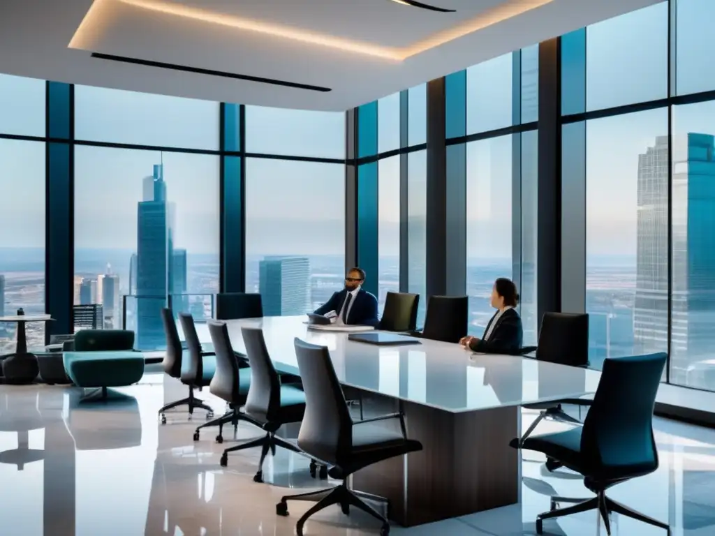 Abogados expertos discuten inversiones en criptomoneda Asesoría legal para inversiones cripto en moderna oficina con vista panorámica de la ciudad
