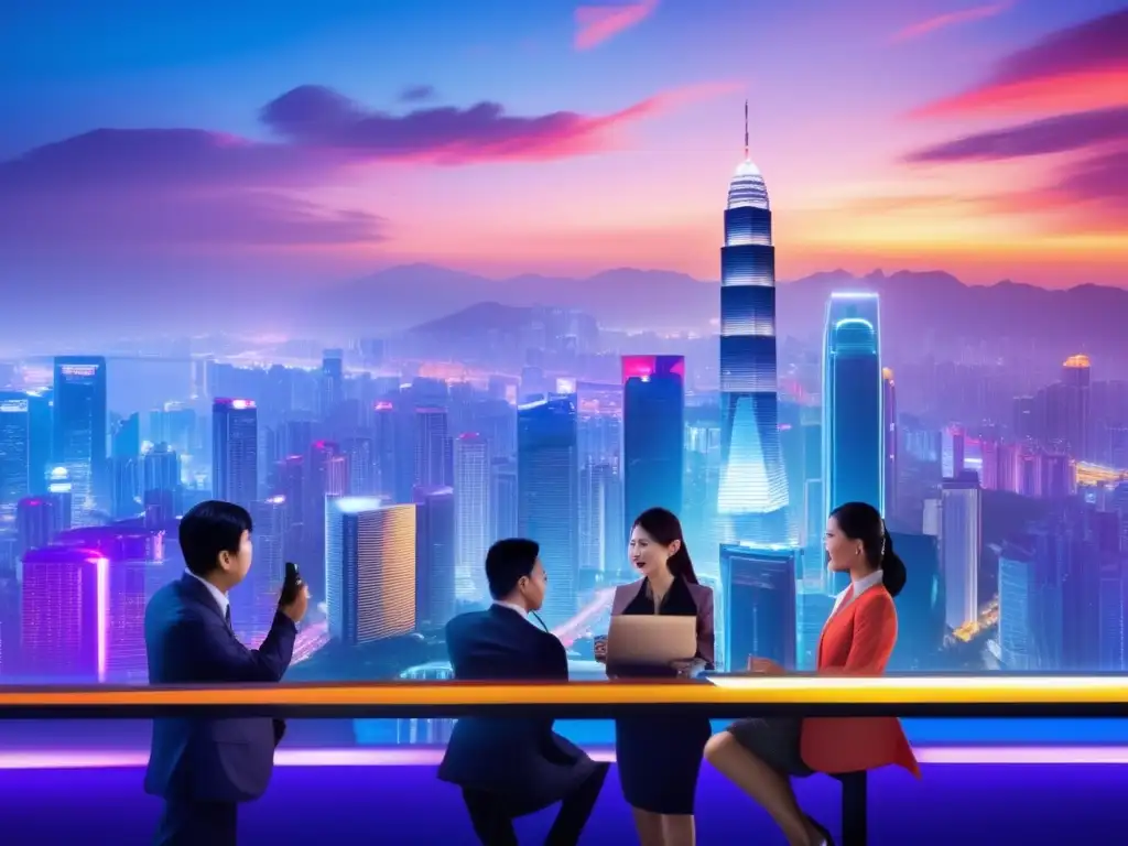 Economía y diversificación en Asia Pacífico Guía ETFs AsiaPacífico inteligente: Ciudad vibrante, rascacielos, montañas verdes y profesionales en discusión