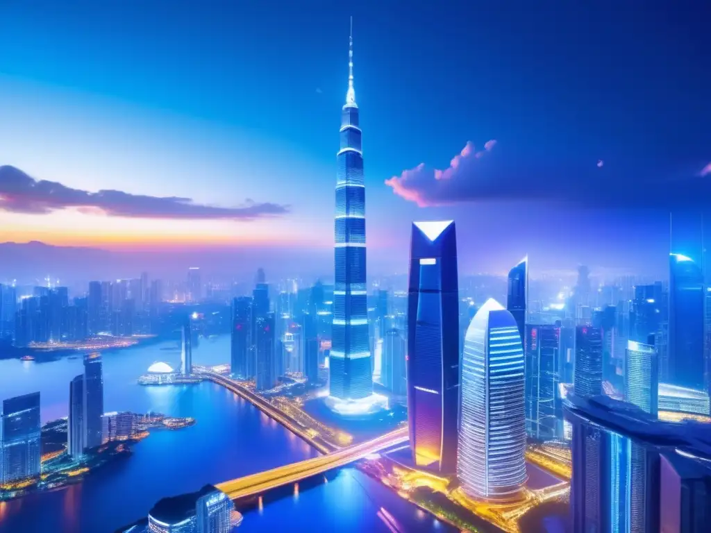 Futuro urbano en Asia Pacifico: Inversiones inteligentes Guía ETFs AsiaPacífico inteligente: Futurista ciudad AsiaPacífico, rascacielos modernos y vibrante energía económica