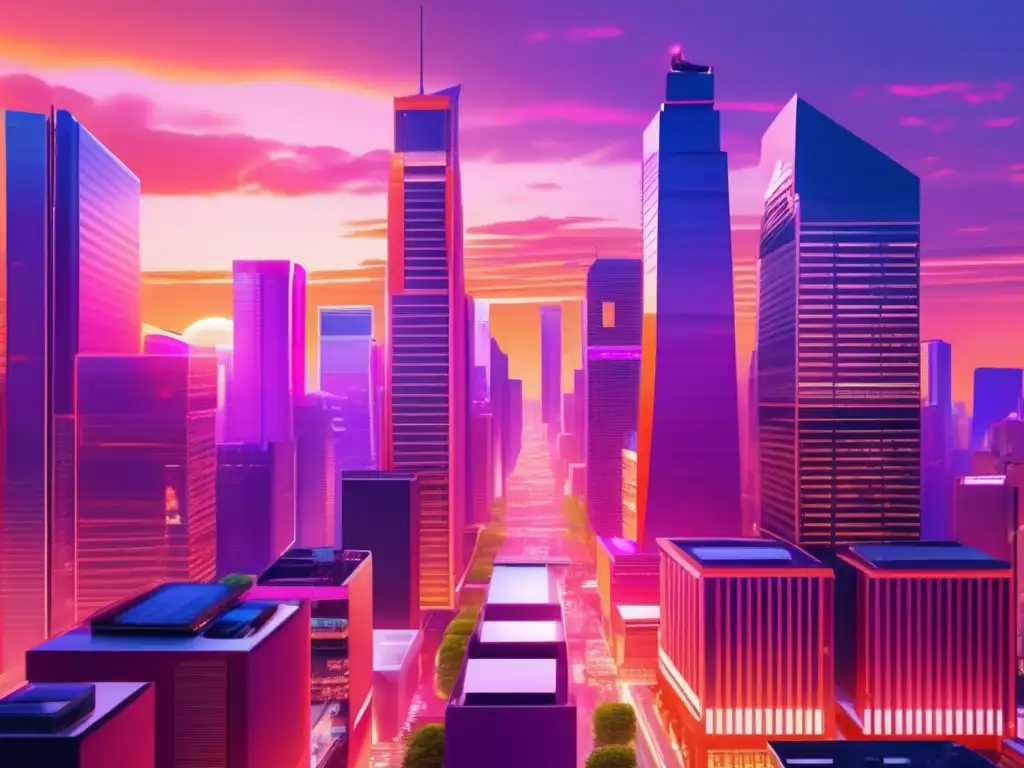 Distrito financiero asiático al atardecer Guía ETFs AsiaPacífico inteligente - Imagen impactante de distrito financiero asiático con rascacielos modernos, billboards digitales y multitudes en atardecer vibrante