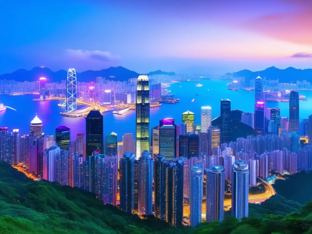 Impresionante skyline de Hong Kong al atardecer Guía ETFs AsiaPacífico inteligente: Skyline vibrante de Hong Kong al atardecer, reflejando la fuerza económica de la región