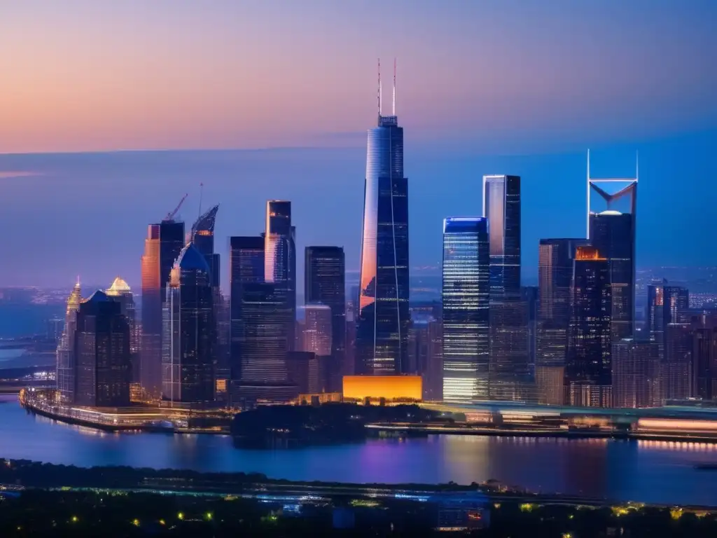 Moderna ciudad al atardecer: rascacielos y luces Atardecer en la ciudad: Análisis fundamental bienes raíces