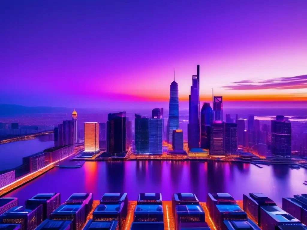 Impacto de tasas de interés en préstamos hipotecarios Atardecer en una ciudad moderna con rascacielos reflejando la luz cálida del sol