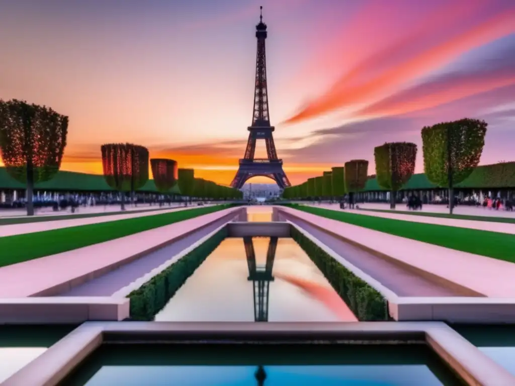 Espectacular atardecer en la Torre Eiffel Eiffel Tower al atardecer, majestuosa y vibrante, resaltando la belleza histórica y arquitectónica de Francia