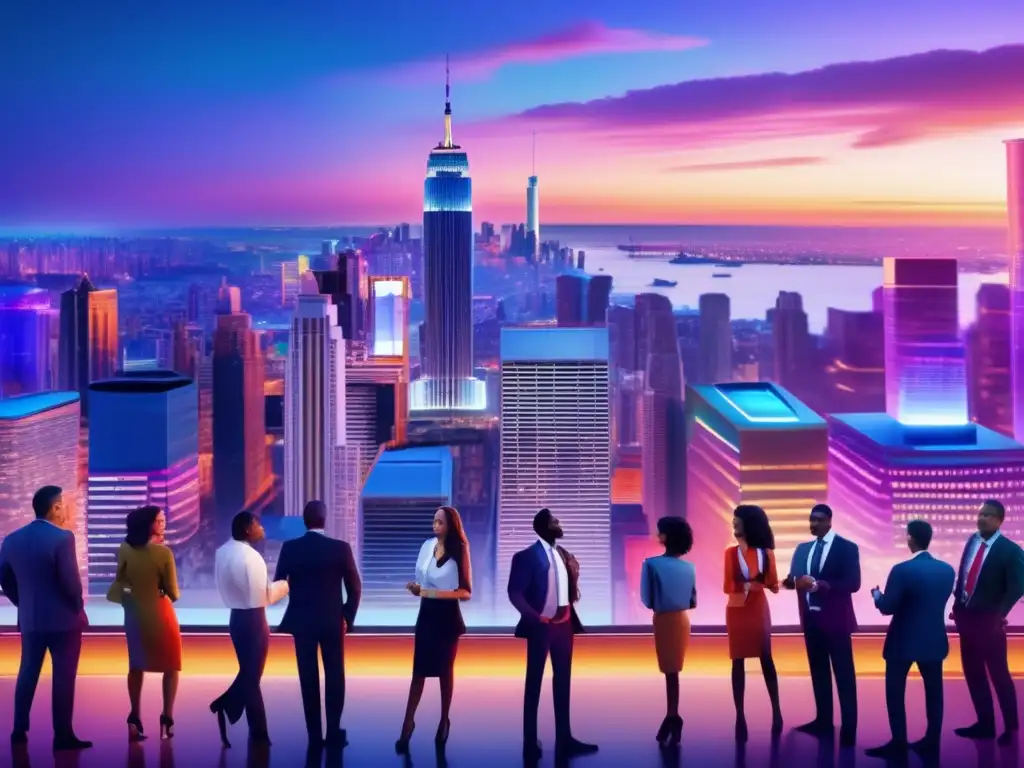 Metrópolis luminosa y vibrante Metrópolis al atardecer con rascacielos iluminados - Estrategias de inversión en bolsa global