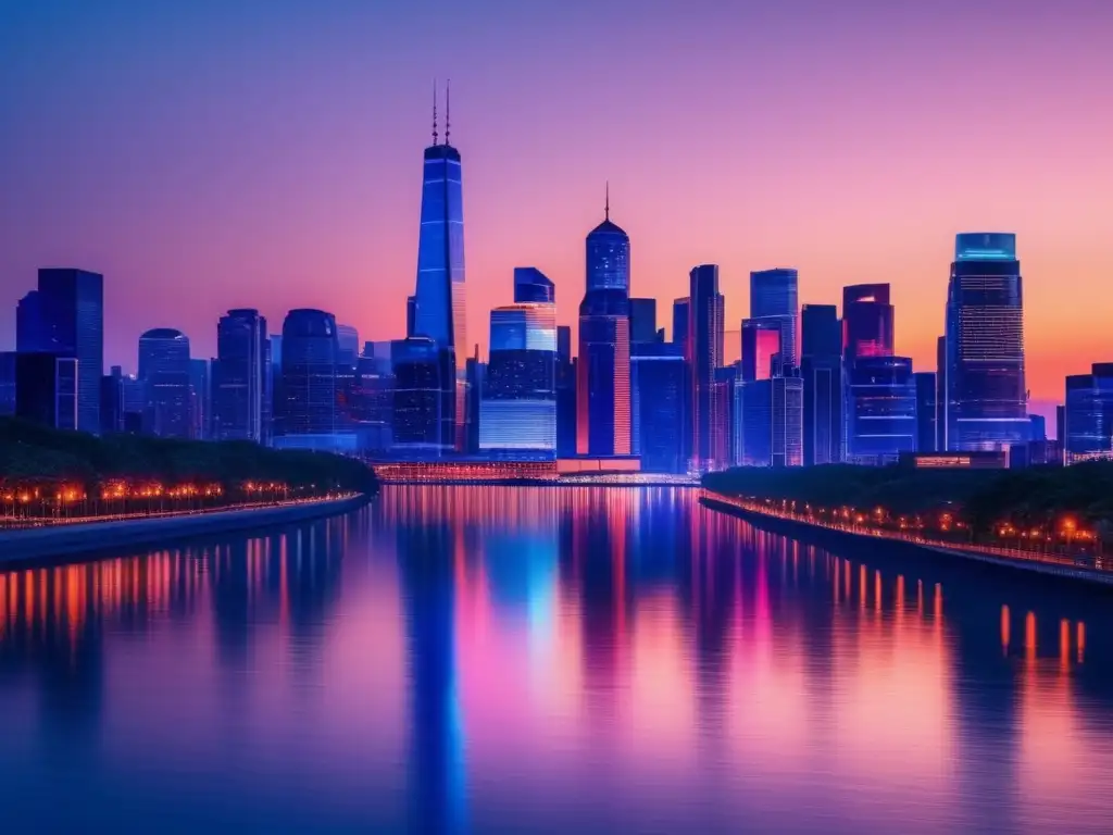 Moderna ciudad al atardecer Ciudad atardecer con rascacielos iluminados - Estrategias de fiscalidad en fondos mutuos