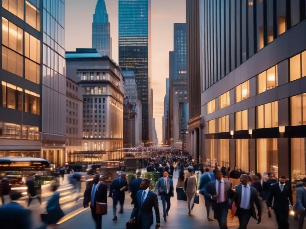 Wall Street al atardecer Wall Street al atardecer: rascacielos modernos, profesionales en traje, caos y energía