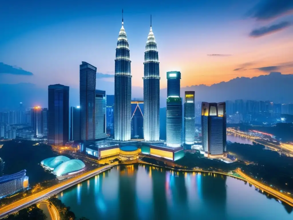 Iconos Petronas iluminados en Kuala Lumpur Kuala Lumpur al atardecer con las Torres Petronas iluminadas, símbolo de progreso y Leyes de inversión en Malasia