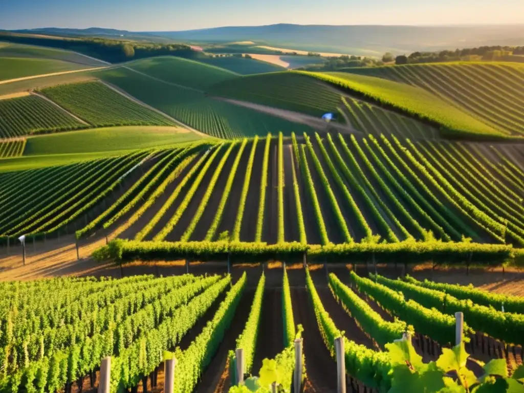 Espléndido viñedo bañado en luz dorada Atractiva vista aérea de viñedo dorado, resaltando cadena de valor del vino para invertir
