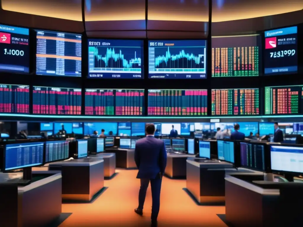 Piso de la bolsa de valores con traders y pantallas Auge acciones financieras: vista panorámica de una bulliciosa bolsa de valores llena de traders, pantallas de precios y gráficos en tiempo real