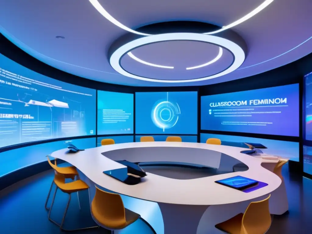 Aula futurista con tecnología avanzada Aula futurista de startup educativa revolucionando aprendizaje