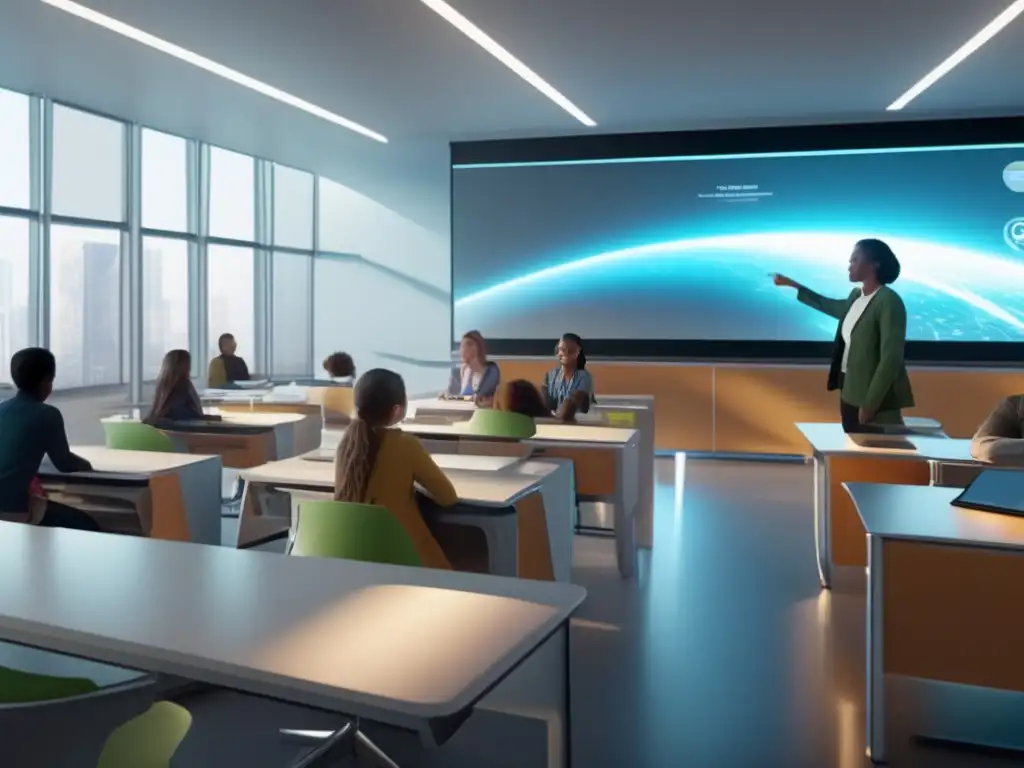 Futurosalón con tecnología avanzada y estudiantes comprometidos Aula futurista con tecnología avanzada, alumnos comprometidos y seguridad de inversiones en educación tecnología