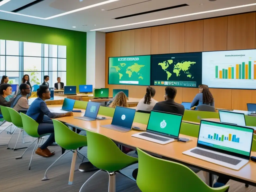 Aula moderna con estudiantes aprendiendo sobre finanzas Aula moderna: estudiantes aprendiendo sobre educación financiera y bonos verdes con tecnología avanzada