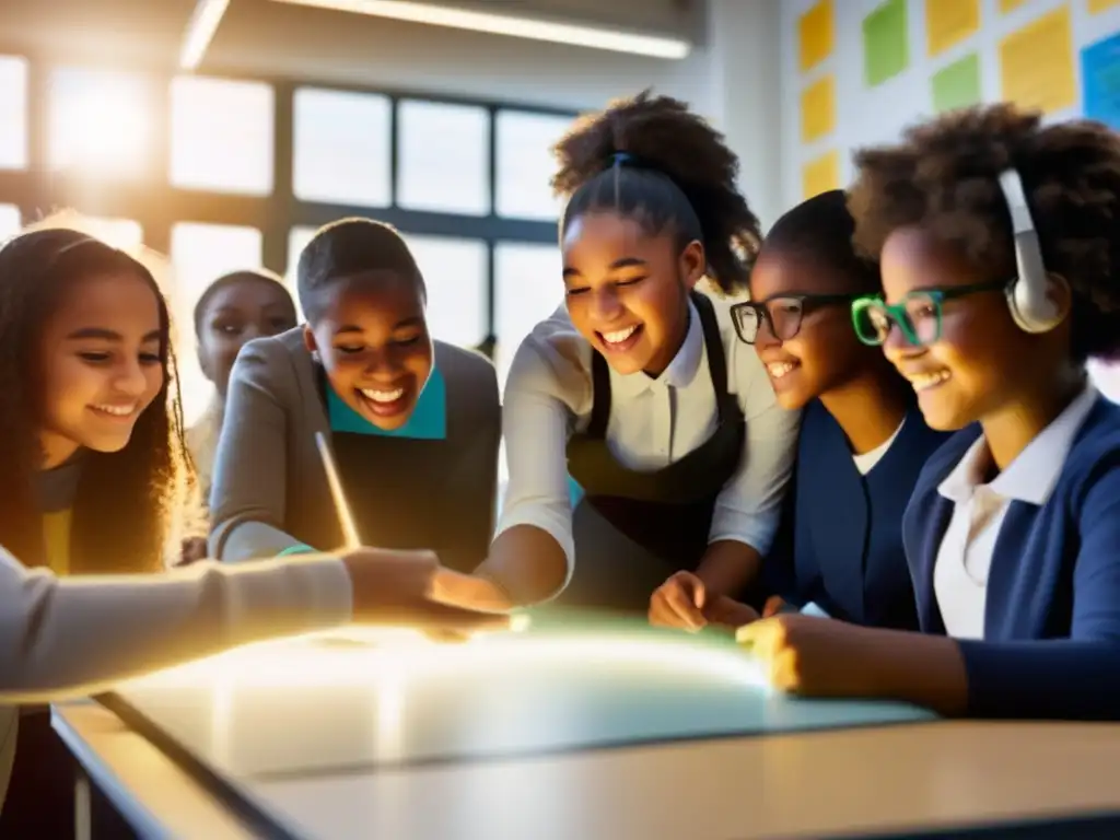 Aula moderna con estudiantes colaborando Aula moderna con estudiantes diversos, tecnología avanzada y luz natural