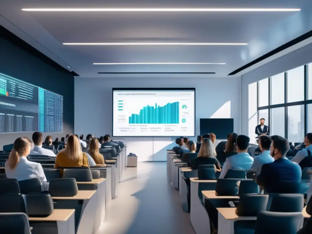 Aula moderna con estudiantes aprendiendo sobre criptomonedas Aula moderna con herramientas para invertir en criptomonedas