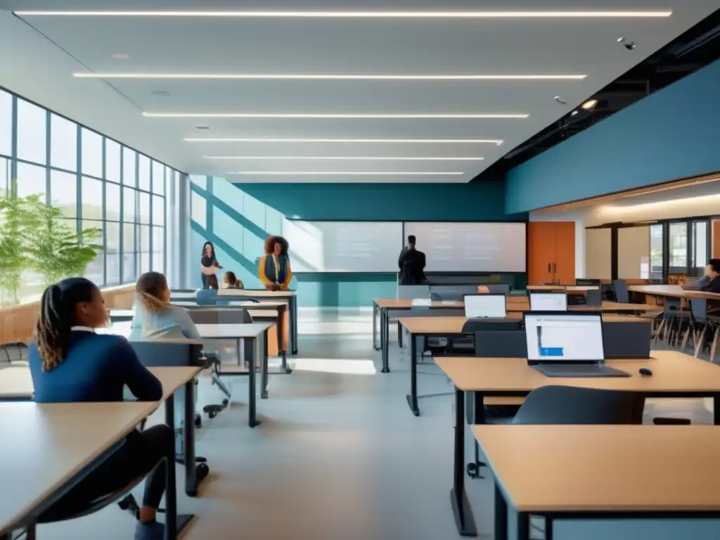 Aula moderna con luz natural y tecnología avanzada Aula moderna con luz natural, mobiliario ergonómico y tecnología avanzada
