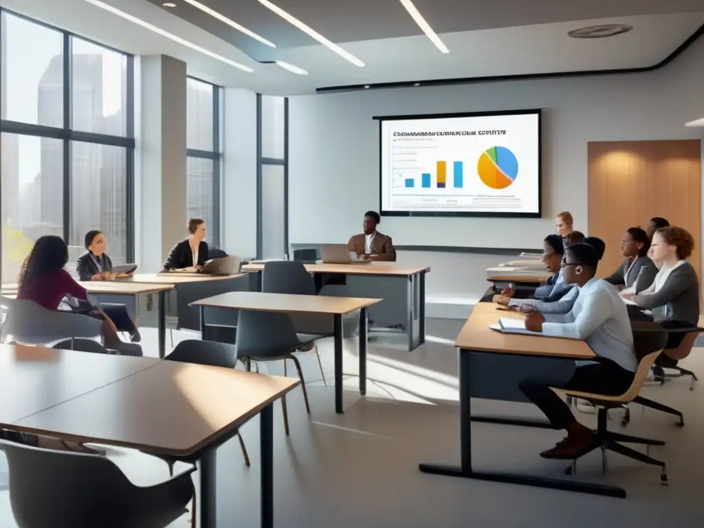 Aula moderna y profesional con alumnos atentos Aula moderna y profesional con estudiantes atentos y un instructor experto