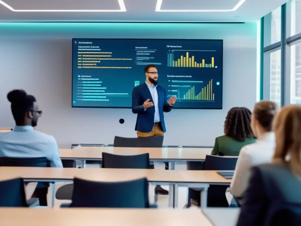Aula de criptomonedas moderna y dinámica Aula moderna con tecnología y discusión de cursos de compliance criptomonedas