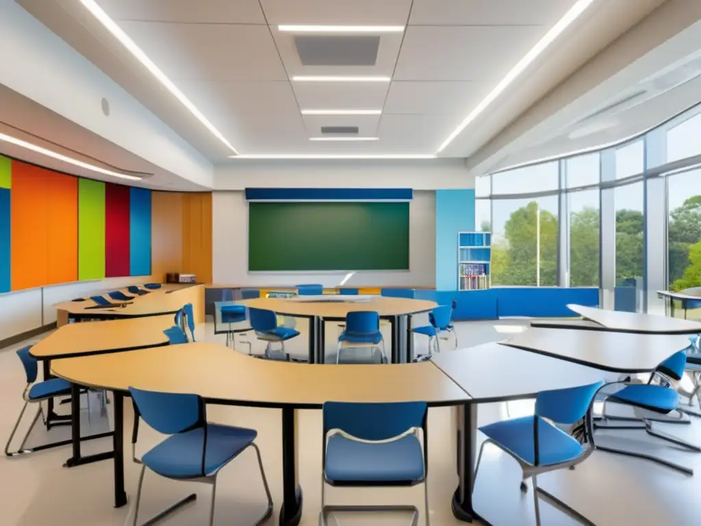 Aula moderna, espaciosa y tecnológica Aula moderna con tecnología y estudiantes participando en discusión - Ahorro impuestos educación inversiones