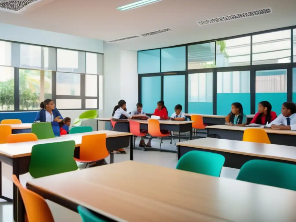Aula moderna y vibrante en una ciudad de América Latina Aula moderna con tecnología y luz natural en América Latina - Inversión educativa América Latina
