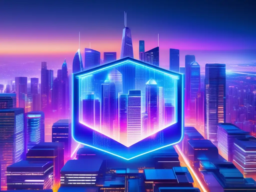 Futura ciudad nocturna segura Avanzada ciudad futurista nocturna con rascacielos iluminados en colores vibrantes y un escudo protector