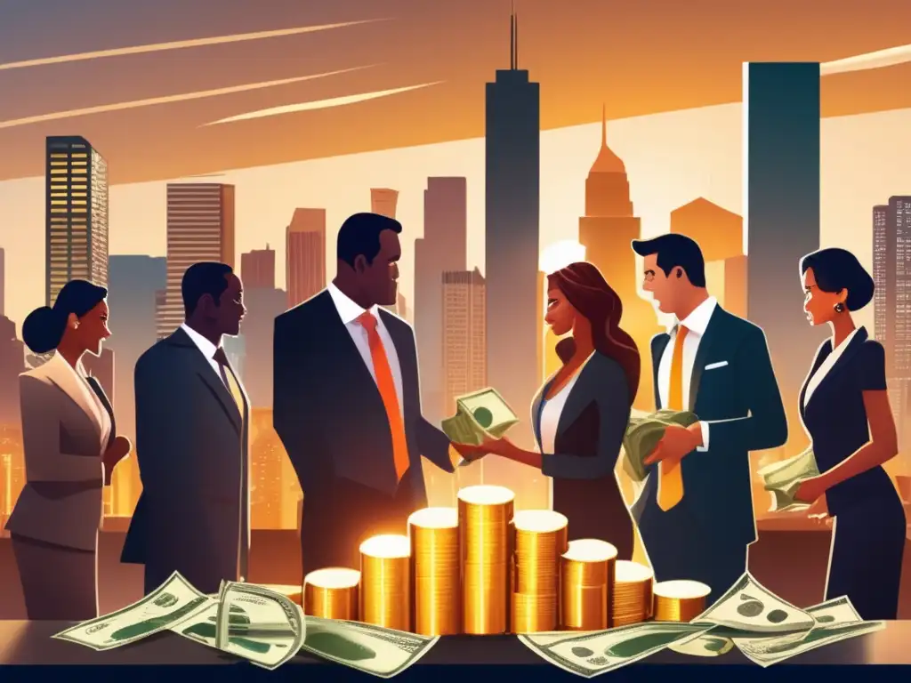 Codicia financiera: la obsesión por el dinero Avaricia en inversiones financieras: Ciudad moderna al atardecer, rascacielos reflejando el sol dorado