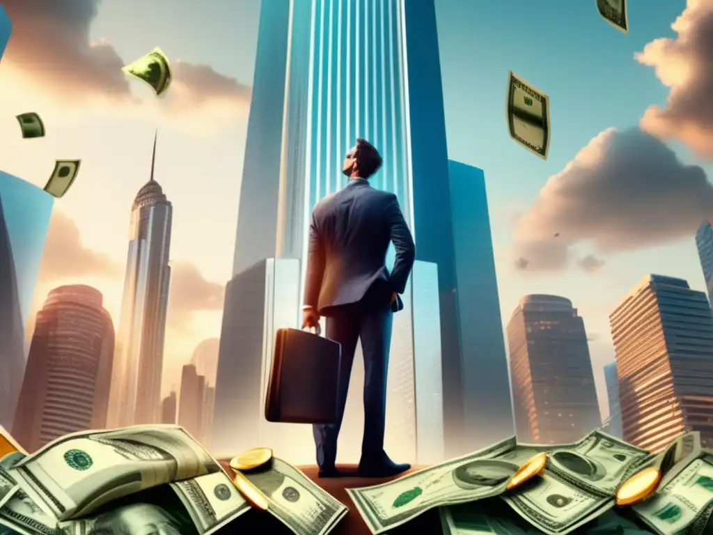 Riesgos de la avaricia en finanzas Avaricia en inversiones financieras: Hombre en rascacielos rodeado de dinero, expresión codiciosa, maletín lleno de efectivo