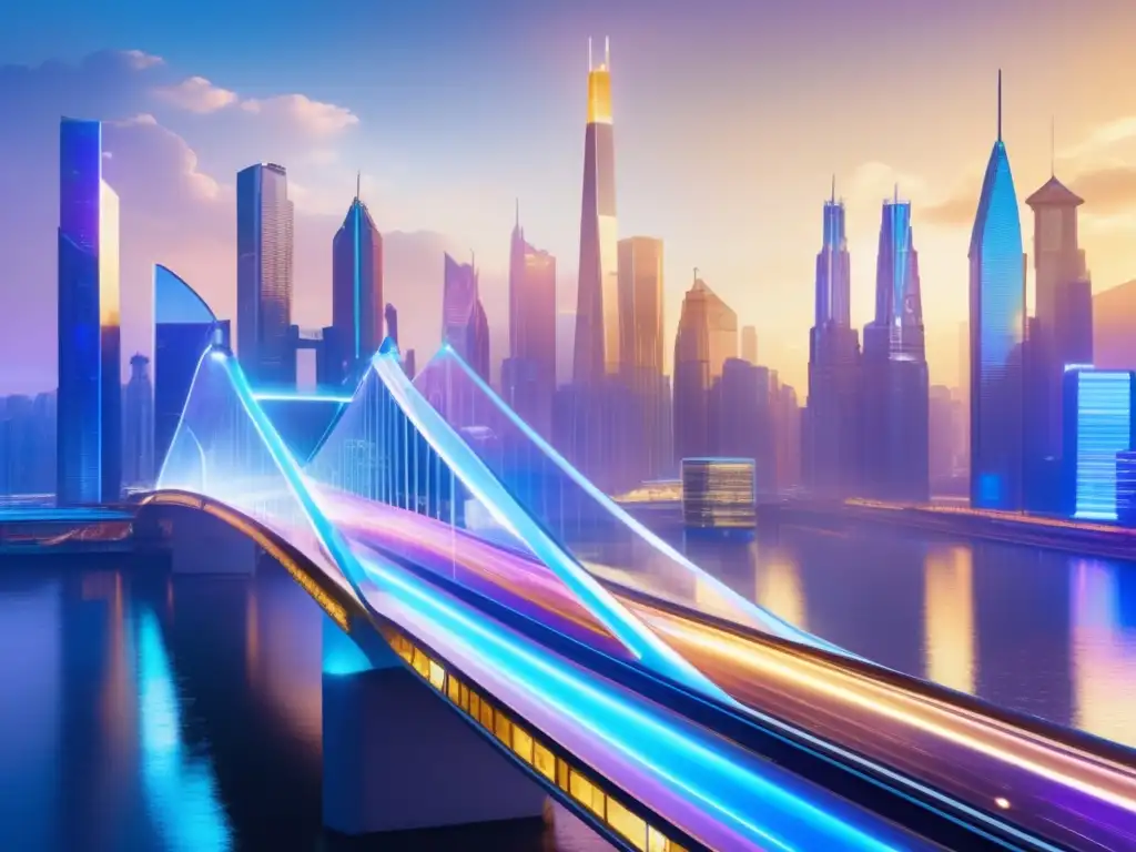 Ciudad futurista con puentes y hologramas Tecnología Fintech y bancos tradicionales en una ciudad futurista con rascacielos, puentes y hologramas