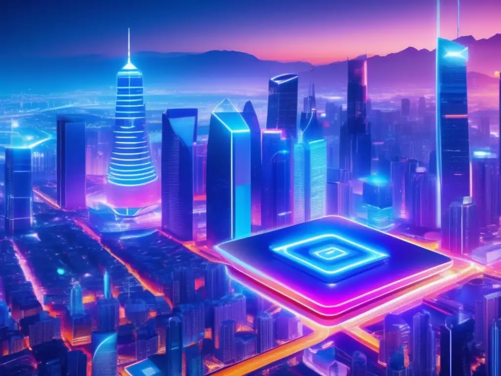 Futurocity nocturna: Fintech avanzado Tecnología Fintech y bancos tradicionales en una ciudad futurista iluminada