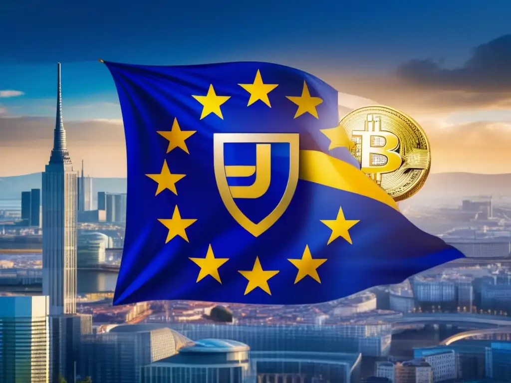 Bandera de la Unión Europea con criptomoneda integrada Bandera de la Unión Europea con criptomoneda y regulaciones de criptomonedas en Europa