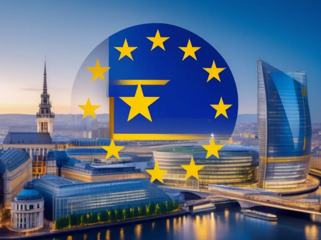 Bandera de la UE en distrito financiero Bandera de la Unión Europea: Efecto del euro en inversiones