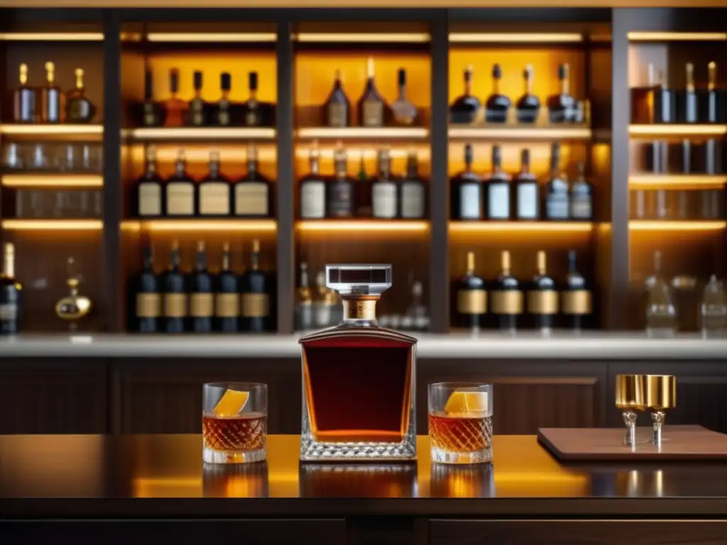 Barra de lujo con botellas de licor en estanterías de madera Bar moderno y lujoso con estantes de madera pulida, botellas de licor añejo y una botella de whisky en decantador de cristal
