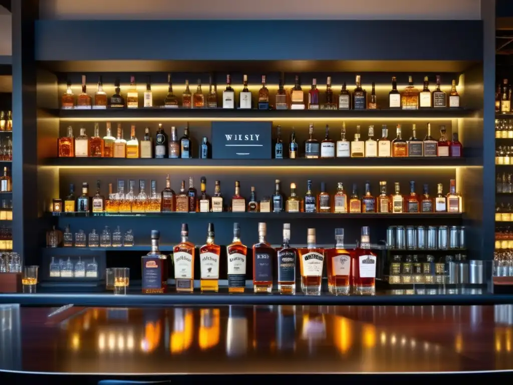 Barra de whisky moderna y elegante Bar de whisky moderno con variedad de botellas de whisky y elegante iluminación - Estrategias de inversión en vinos y whisky