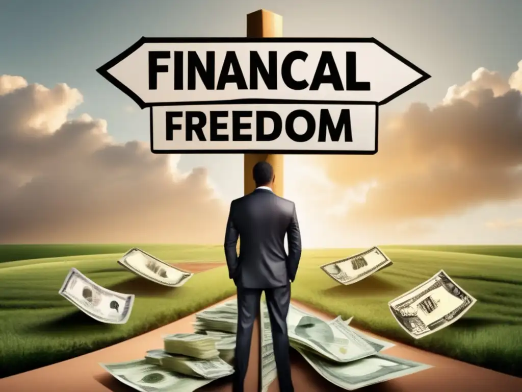 Lucha interna entre dinero y libertad Barreras psicológicas inversión: Persona en encrucijada financiera con muros de dinero y señales hacia libertad o autoduda