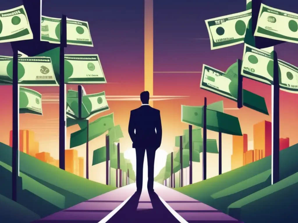 Decisiones financieras: superando barreras psicológicas Barreras psicológicas inversión - Persona en encrucijada financiera, rodeada de muros de dinero con símbolos psicológicos