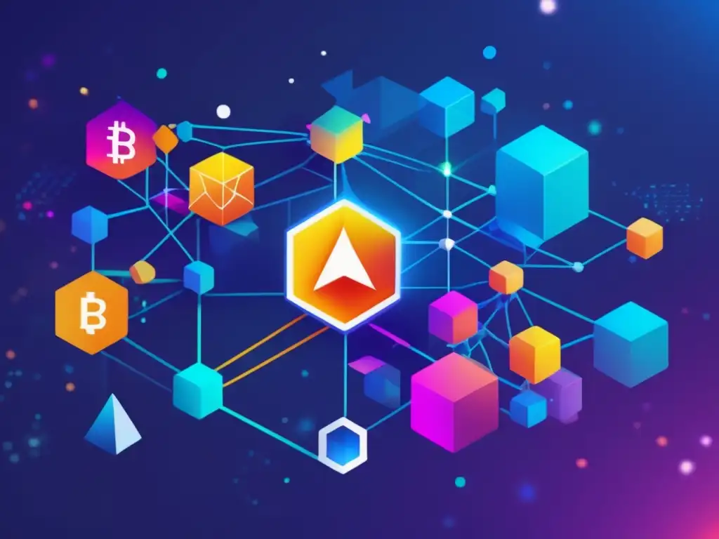 Tecnología blockchain: Red de nodos y bloques en un espacio digital Guía básica de Blockchain: tecnología futurista con bloques y nodos interconectados en un espacio digital, datos vibrantes y estética avanzada