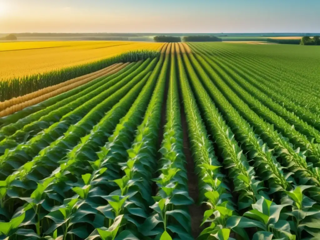 Paisaje agrícola dorado con cultivos maduros Beneficios de invertir en acciones agrícolas: paisaje agrícola dorado con maíz, soja y trigo, operación de cosechadora moderna