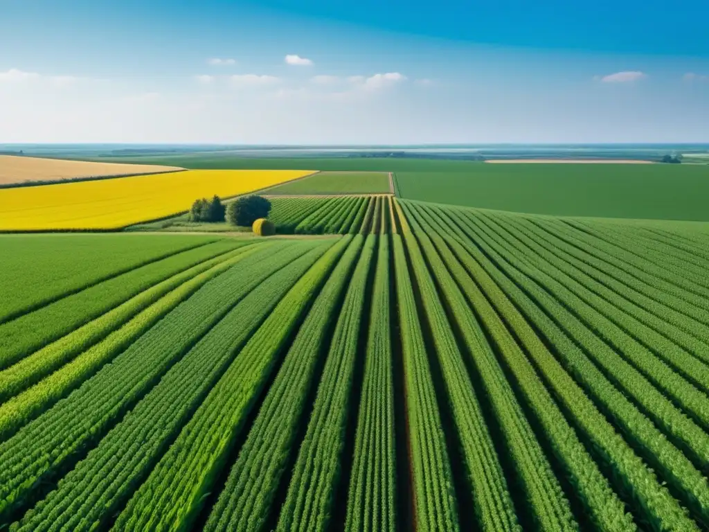 Moderna granja agrícola con campos verdes Beneficios invertir acciones agrícolas: granja moderna, campos verdes extensos, cultivos variados, tecnología y crecimiento sectorial
