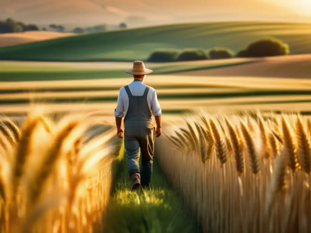 Paisaje agrícola dorado y vibrante Beneficios de invertir en acciones agrícolas: paisaje agrícola vibrante con campos de trigo dorado y un agricultor trabajando