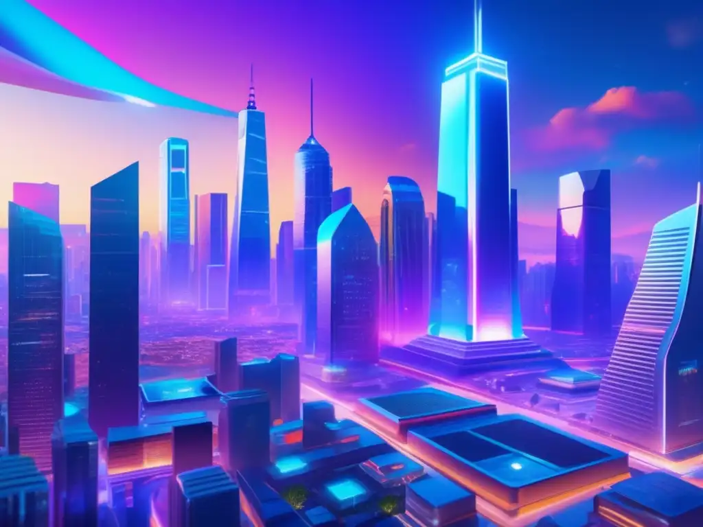 Ciudad futurista con rascacielos y activos tokenizados Beneficios de la tokenización de activos: Futurista ciudad con rascacielos holográficos y transacciones fluidas