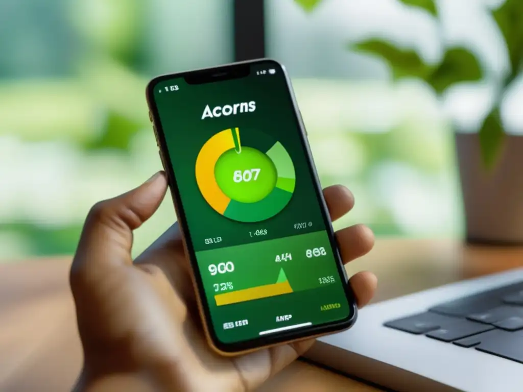 Acorns: Inversiones en crecimiento Beneficios de invertir con Acorns en una app moderna y elegante, con gráficos coloridos que ilustran el rendimiento de las inversiones