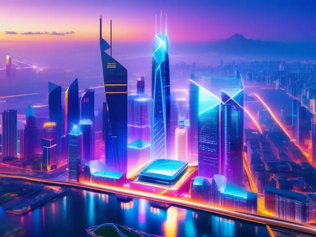 Futurista ciudad fintech con rascacielos y blockchain Beneficios alianza Blockchain Fintech, ciudad futurista, tecnología avanzada, transparencia y seguridad