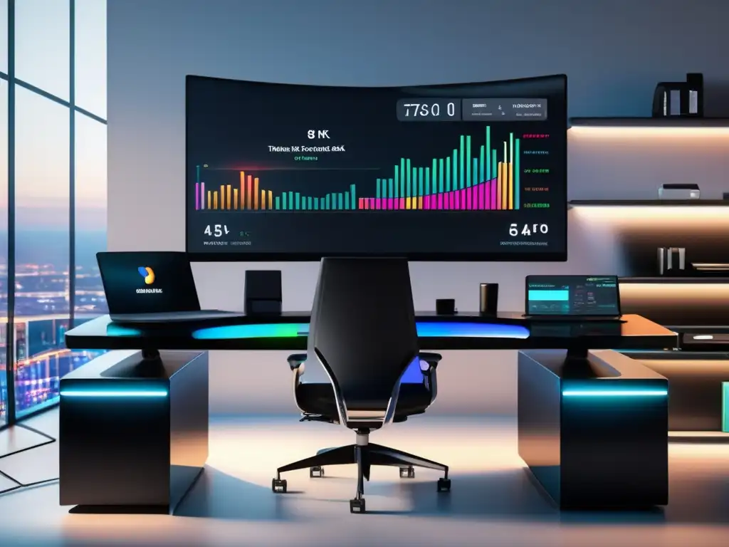 Escritorio de trading moderno y elegante Beneficios del backtesting en trading algorítmico: Moderno escritorio de trading con monitor curvo, gráficos de velas y gadgets de alta tecnología
