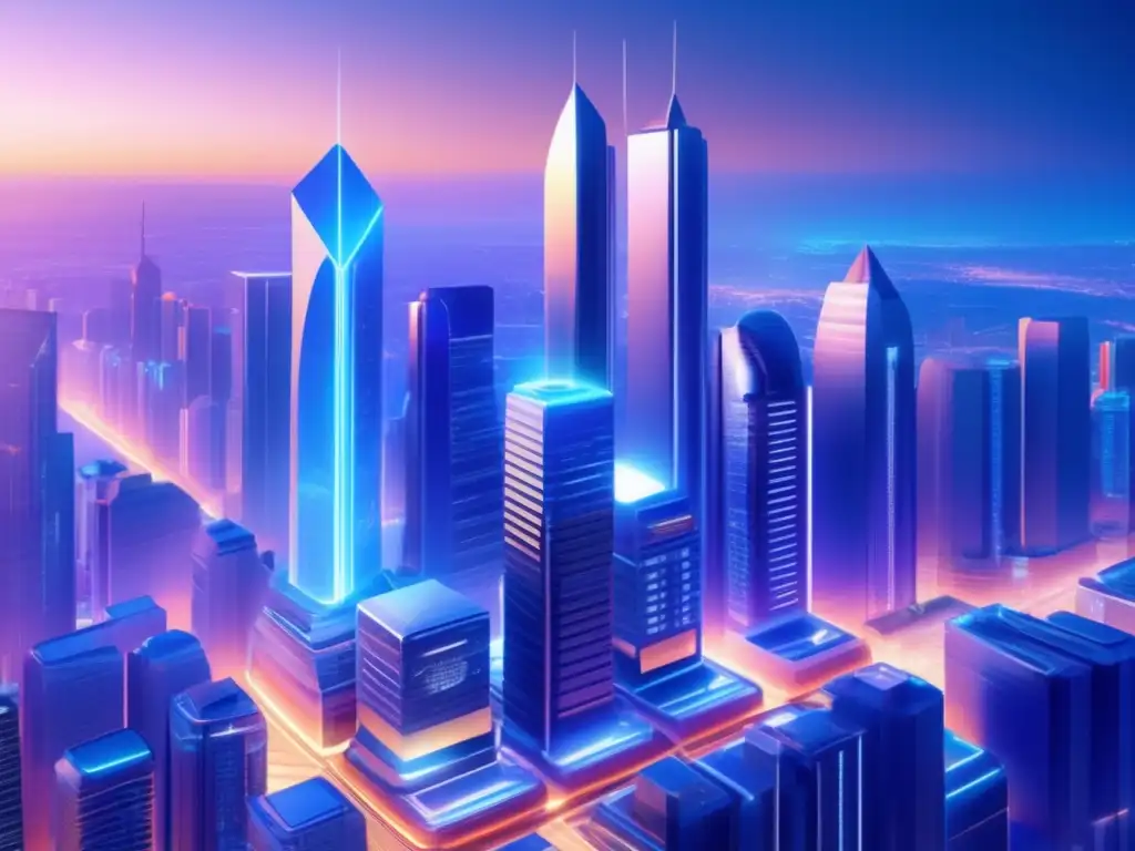 Ciudad futurista fusionando DeFi y banca tradicional Beneficios DeFi en banca tradicional con arquitectura futurista y desafíos cibernéticos