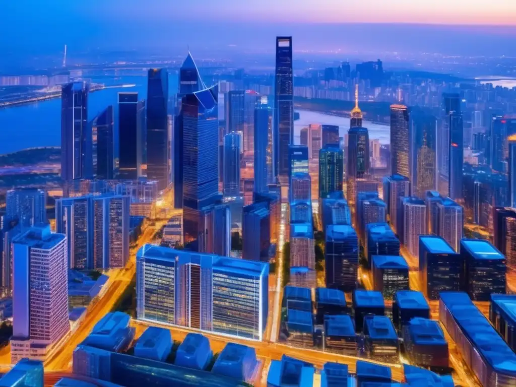 Ciudad moderna iluminada al atardecer Beneficios al invertir en bienes raíces: moderna ciudad con rascacielos iluminados