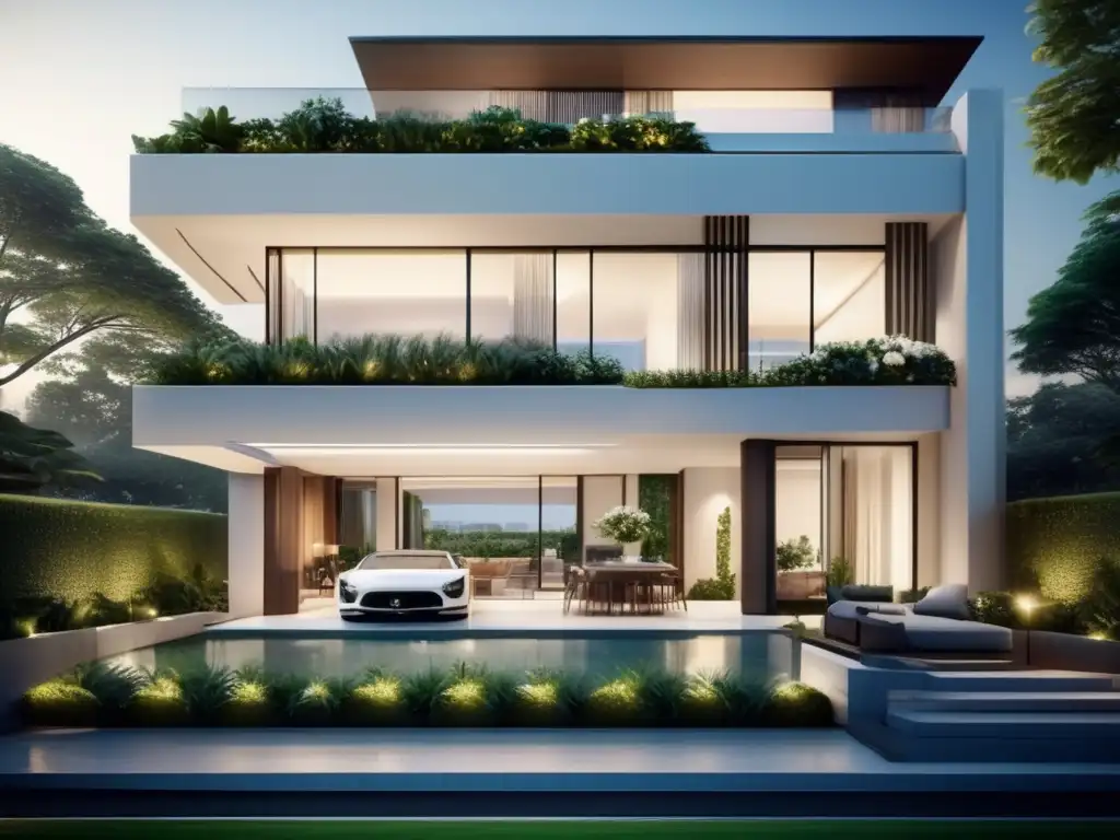 Edificio residencial moderno y lujoso rodeado de vegetación exuberante Beneficios invertir bienes raíces: residencia lujosa rodeada de naturaleza, arquitectura elegante, ventanas amplias, entrada y terraza en la azotea