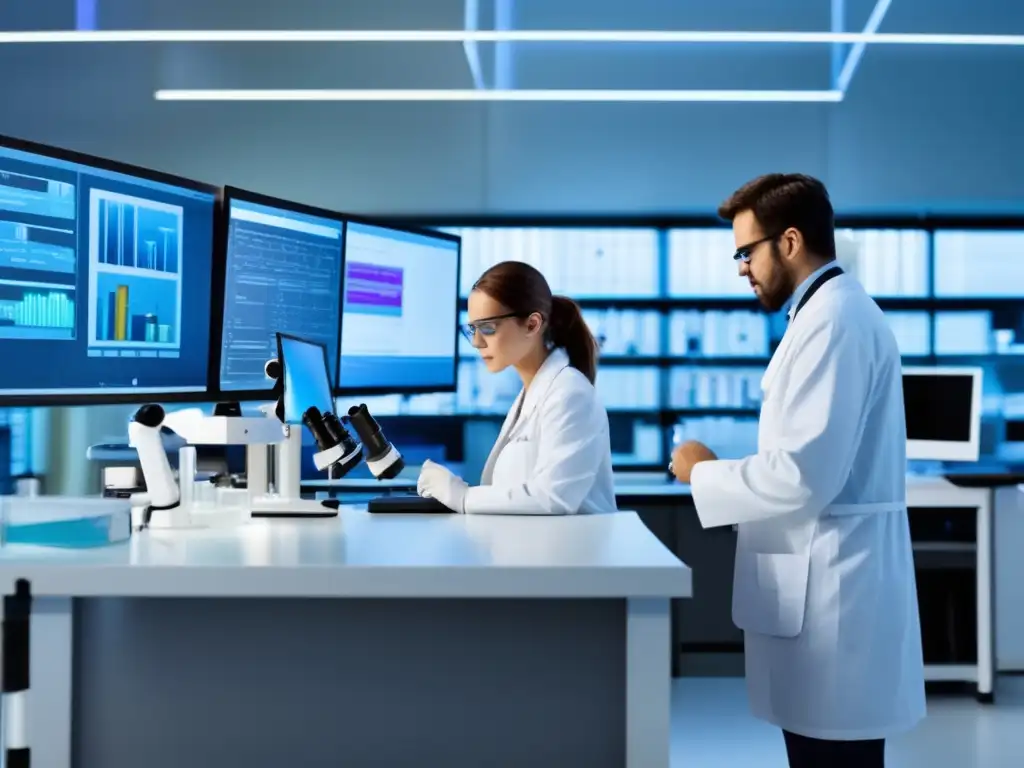 Laboratorio de biotecnología avanzada Beneficios de invertir en biotecnología: científicos trabajando en laboratorio moderno con equipos avanzados
