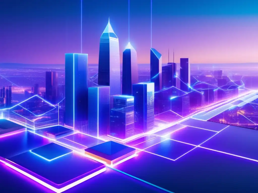 Futurista ciudad blockchain Beneficios de diversificar con Blockchain en una ciudad futurista con tecnología avanzada y una red de nodos blockchain interconectados